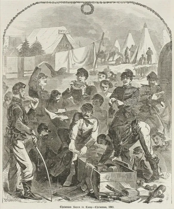 Framed Print : Christmas Boxes in Camp - Christmas, 1861, 1862. Creator: Unknown Framed Print : Christmas Boxes in Camp - Christmas, 1861, 1862. Creator: Unknown