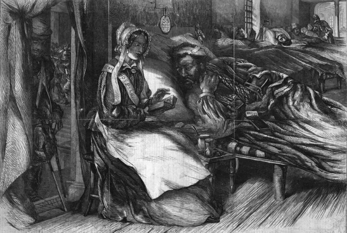 Framed Print : Christmas Charity - Interior of an Hospital in the East, 1855. Artist: George Meason Framed Print : Christmas Charity - Interior of an Hospital in the East, 1855. Artist: George Meason