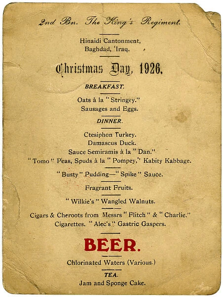 Christmas Day menu, 2nd Battalion the Kings Regiment, Iraq, 1926