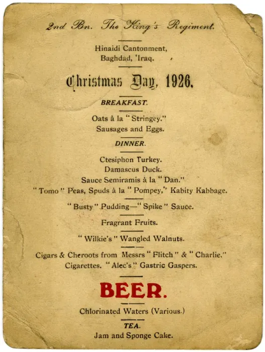 Framed Print : Christmas Day menu, 2nd Battalion the Kings Regiment, Iraq, 1926 Framed Print : Christmas Day menu, 2nd Battalion the Kings Regiment, Iraq, 1926