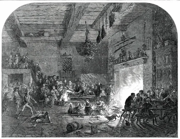 Framed Print : Christmas Eve in Devonshire - the Mummers coming in, 1850. Creators: Stockdale, Smyth Framed Print : Christmas Eve in Devonshire - the Mummers coming in, 1850. Creators: Stockdale, Smyth