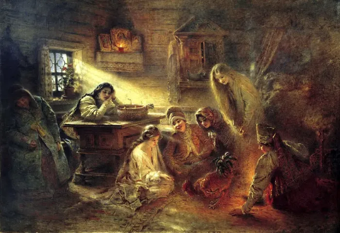 Framed Print : Christmas Eve Fortune Telling, 19th century. Artist: Konstantin Makovsky Framed Print : Christmas Eve Fortune Telling, 19th century. Artist: Konstantin Makovsky