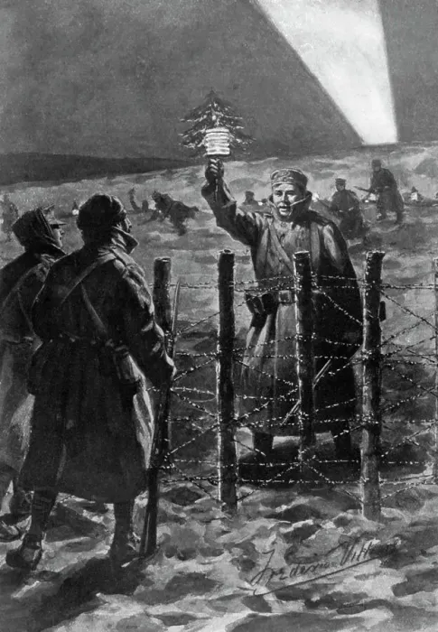 Framed Print : A Christmas incident in the trenches in the west, December 1914, (1920). Artist: Frederic Villiers Framed Print : A Christmas incident in the trenches in the west, December 1914, (1920). Artist: Frederic Villiers