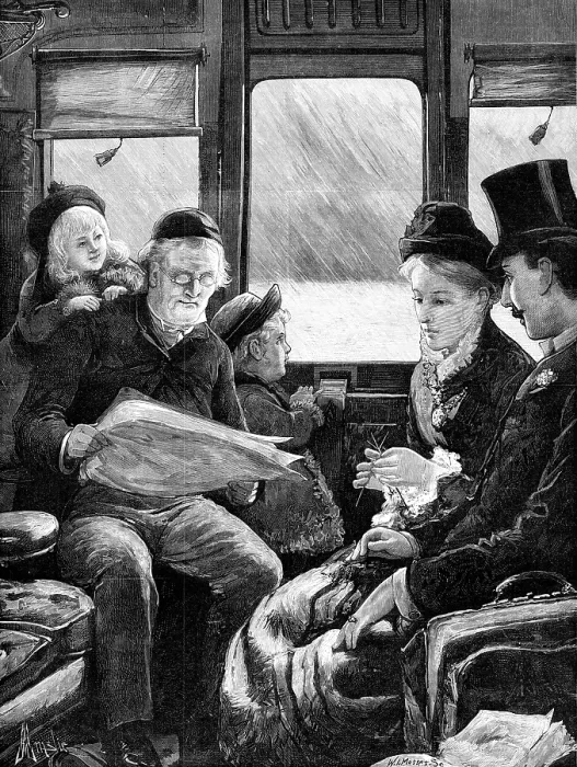 Framed Print : A Christmas Journey as we Do It Now - drawn by A. E. Emslie, 1881. Creator: W. I. Mosses Framed Print : A Christmas Journey as we Do It Now - drawn by A. E. Emslie, 1881. Creator: W. I. Mosses