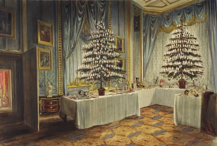 Framed Print : Christmas trees of the Duchess of Kent and the royal children at Windsor Castle, 1850. Artist: Roberts, James (1824-1867) Framed Print : Christmas trees of the Duchess of Kent and the royal children at Windsor Castle, 1850. Artist: Roberts, James (1824-1867)