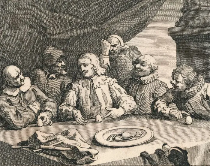 Framed Print : Christopher Columbus cracking the egg, 1753. Creator: William Hogarth Framed Print : Christopher Columbus cracking the egg, 1753. Creator: William Hogarth