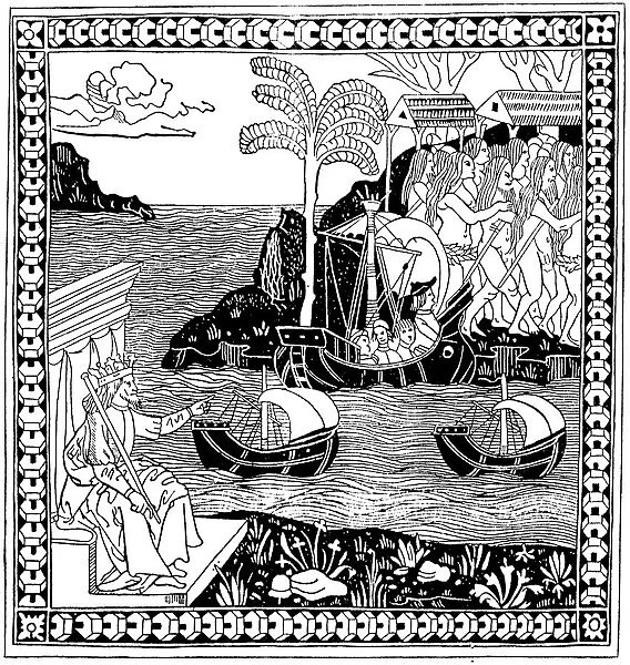 Christopher Columbus Discovering America, woodcut, 1493