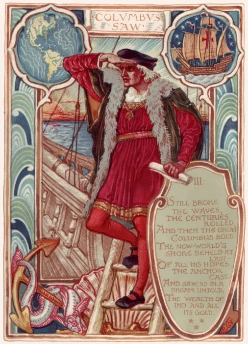 Framed Print : Christopher Columbus. From: Columbias Courtship: A Picture History of the United States, 1893. Artist: Crane, Walter (1845-1915) Framed Print : Christopher Columbus. From: Columbias Courtship: A Picture History of the United States, 1893. Artist: Crane, Walter (1845-1915)