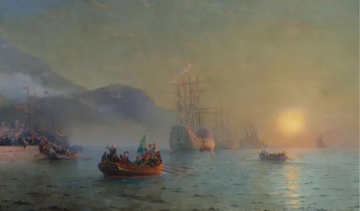 Framed Print : Christopher Columbus sailing from Palos, 1892. Artist: Aivazovsky, Ivan Konstantinovich (1817-1900) Framed Print : Christopher Columbus sailing from Palos, 1892. Artist: Aivazovsky, Ivan Konstantinovich (1817-1900)
