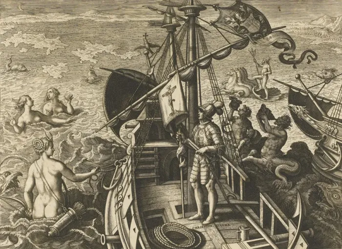 Framed Print : Christophorus Columbus Ligur (Americae Retectio). Artist: Stradanus (Straet, van der), Johannes (1523-1605) Framed Print : Christophorus Columbus Ligur (Americae Retectio). Artist: Stradanus (Straet, van der), Johannes (1523-1605)