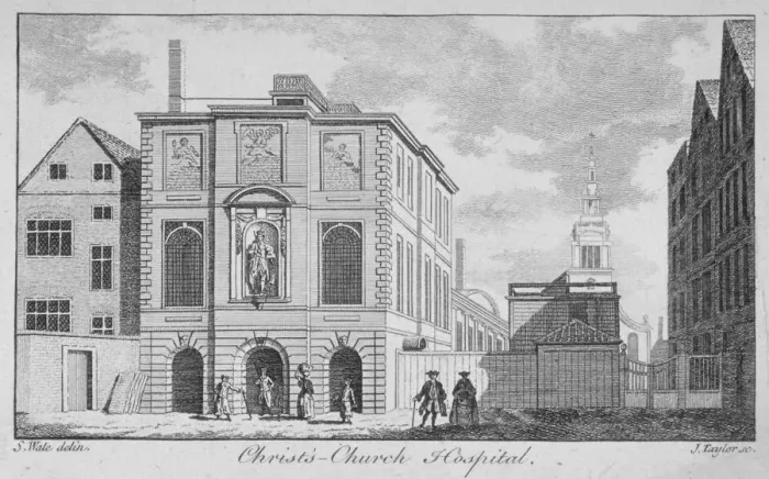 Framed Print : Christs Hospital with Christ Church, Newgate Street in the background, City of London, 1761 Framed Print : Christs Hospital with Christ Church, Newgate Street in the background, City of London, 1761