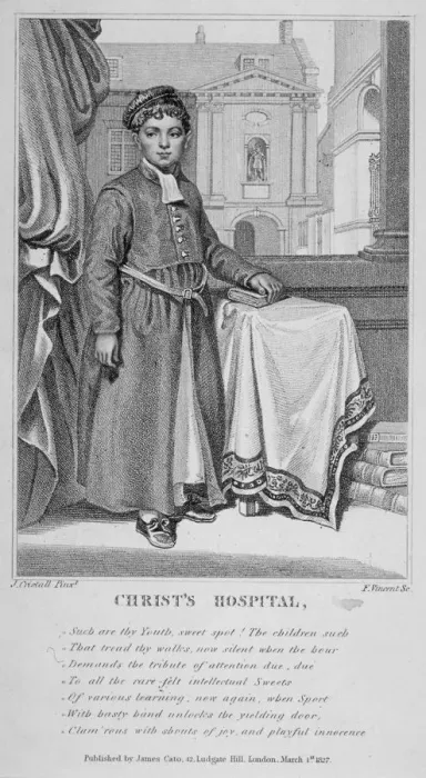 Framed Print : Christs Hospital pupil with the school buildings in the background, City of London, 1827 Framed Print : Christs Hospital pupil with the school buildings in the background, City of London, 1827