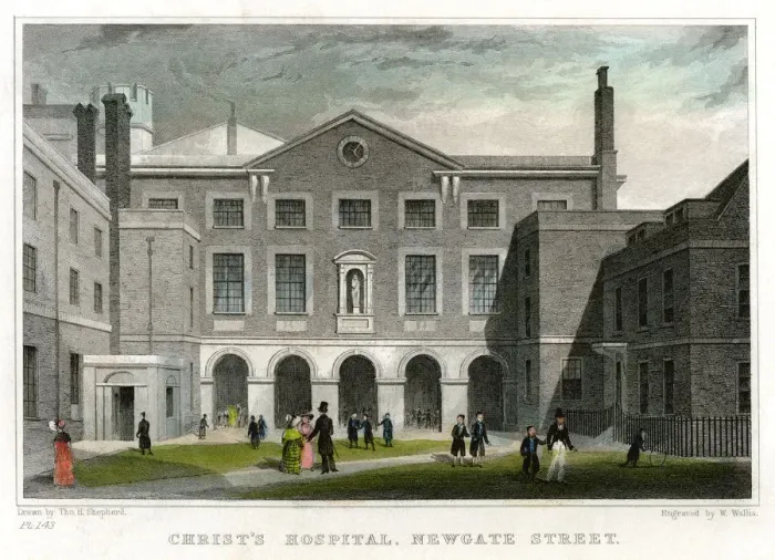 Framed Print : Christs Hospital School, Newgate Street, City of London, 1831. Artist: W Wallis Framed Print : Christs Hospital School, Newgate Street, City of London, 1831. Artist: W Wallis