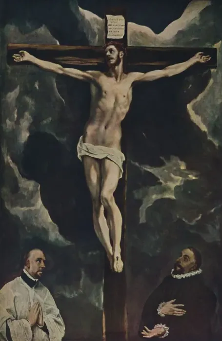 Framed Print : Christus Am Kreuz, Mit Zwei Stiftern, (Christ on the Cross Adored by Donors), c1590, (1938). Artist: El Greco Framed Print : Christus Am Kreuz, Mit Zwei Stiftern, (Christ on the Cross Adored by Donors), c1590, (1938). Artist: El Greco