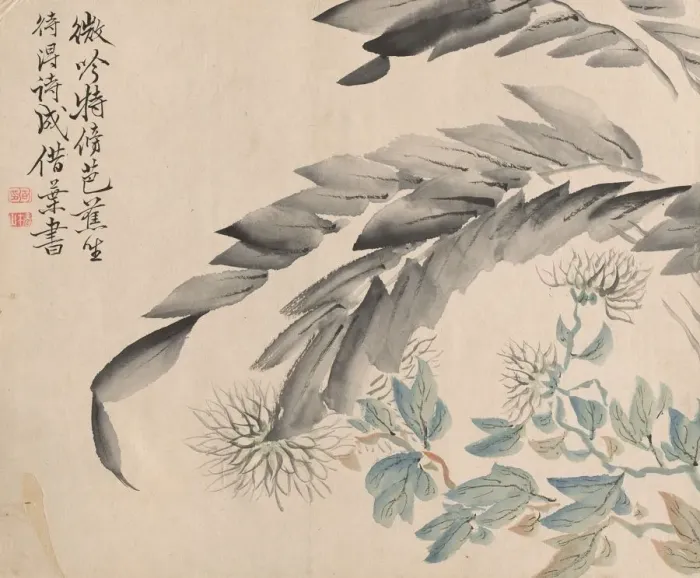 Framed Print : Chrysanthemums and Leaves of a Mulberry Tree. Creator: Tsubaki Chinzan (Japanese, 1801-1854)
