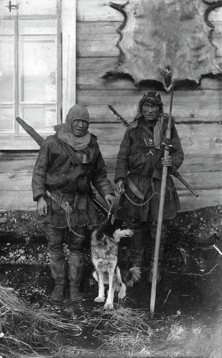 Framed Print : Two Chukchi in national clothes, with guns and a spear, 1910-1929. Creator: Ivan Emelianovich Larin Framed Print : Two Chukchi in national clothes, with guns and a spear, 1910-1929. Creator: Ivan Emelianovich Larin