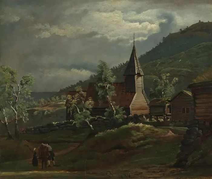 Framed Print : The Church at Gaupne in Sogn, c1830-1879. Creator: Knud Baade Framed Print : The Church at Gaupne in Sogn, c1830-1879. Creator: Knud Baade
