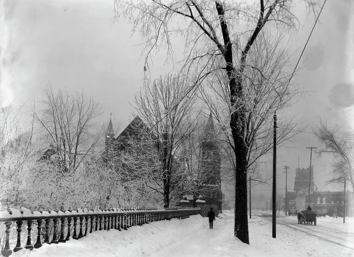Framed Print : Church and Grand River Avenue in snow, Detroit, Mich. between 1900 and 1905. Creator: Unknown Framed Print : Church and Grand River Avenue in snow, Detroit, Mich. between 1900 and 1905. Creator: Unknown