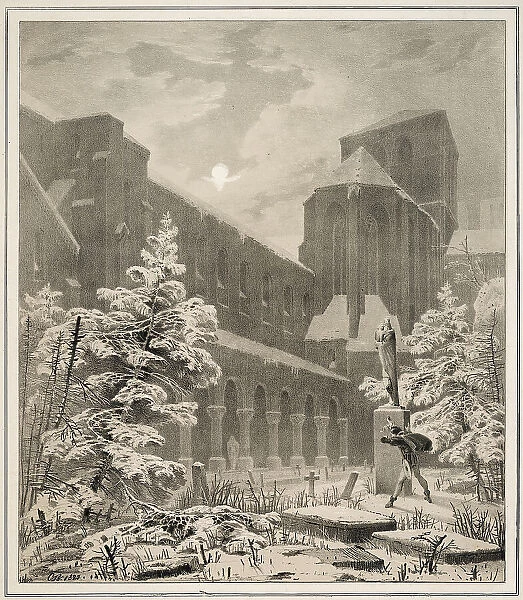 Church and Graveyard in the Snow by Moonlight, 1827. Creator: Karl Blechen