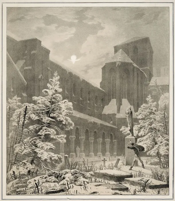 Framed Print : Church and Graveyard in the Snow by Moonlight, 1827. Creator: Karl Blechen Framed Print : Church and Graveyard in the Snow by Moonlight, 1827. Creator: Karl Blechen