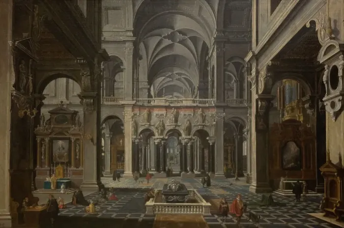 Framed Print : Church Interior; Interior of a Renaissance Church, 1530-1630. Creators: Bartholomeus van Bassen, Esaias van de Velde Framed Print : Church Interior; Interior of a Renaissance Church, 1530-1630. Creators: Bartholomeus van Bassen, Esaias van de Velde