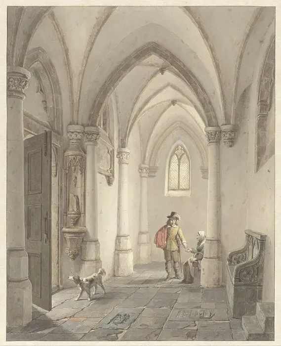Framed Print : Church interior with man giving alms to a beggar, 1817-1879. Creator: George Gillis Haanen Framed Print : Church interior with man giving alms to a beggar, 1817-1879. Creator: George Gillis Haanen