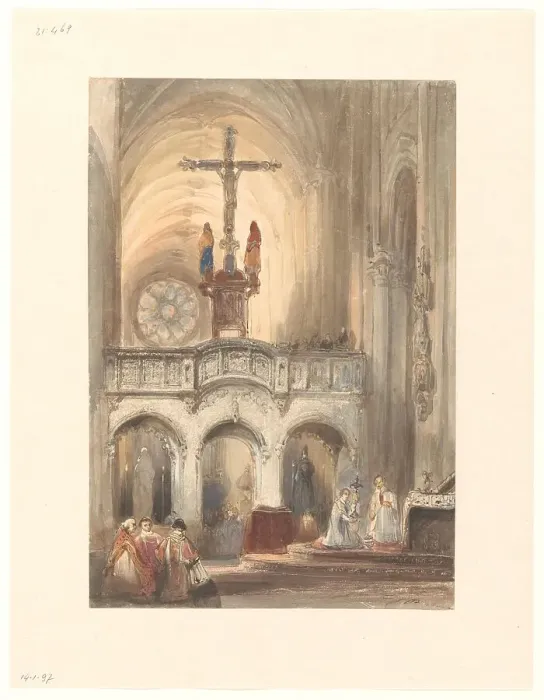 Framed Print : Church interior with Mass, 1827-1891. Creator: Johannes Bosboom