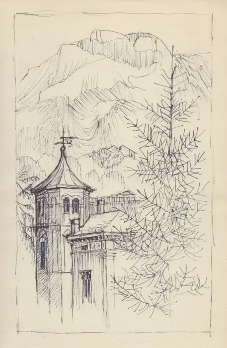Framed Print : Church and mountains, Italy, c1950. Creator: Shirley Markham Framed Print : Church and mountains, Italy, c1950. Creator: Shirley Markham