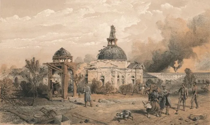 Framed Print : Church in the Rear of the Redan, Looking North - Showing the Effects of Shot and Shell, 1856. Artist: W Trask Framed Print : Church in the Rear of the Redan, Looking North - Showing the Effects of Shot and Shell, 1856. Artist: W Trask