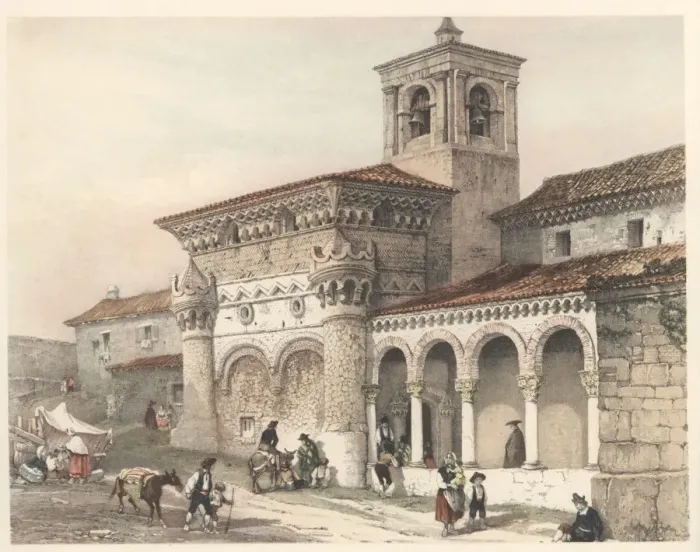 Framed Print : Church of San Miguel in Guadalajara, with scenes of life and traditional costumes of the time Framed Print : Church of San Miguel in Guadalajara, with scenes of life and traditional costumes of the time