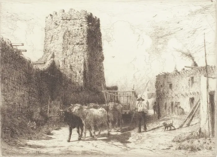 Framed Print : Church of San Miguel and the Pueblo House at Santa Fe, 1881. Creator: Peter Moran Framed Print : Church of San Miguel and the Pueblo House at Santa Fe, 1881. Creator: Peter Moran