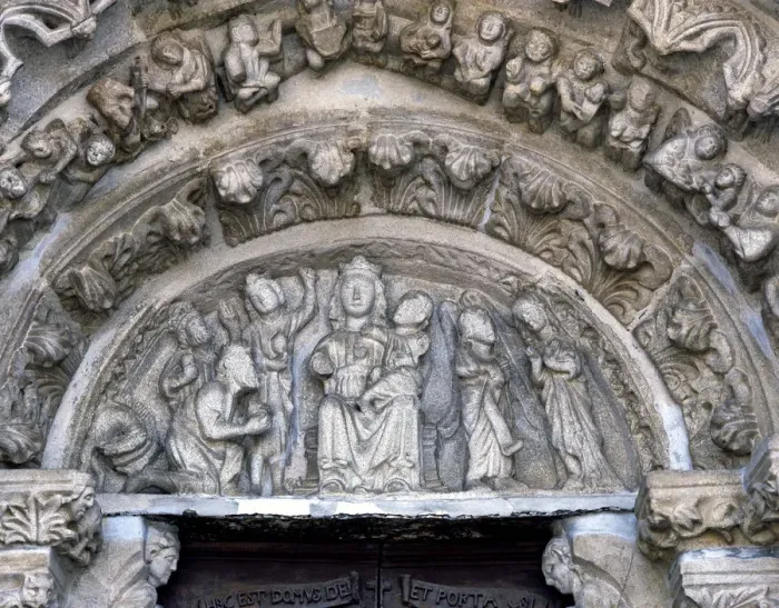 Framed Print : Church of Santa Maria de Azogue, detail of the Sculptures of the tympanum with Framed Print : Church of Santa Maria de Azogue, detail of the Sculptures of the tympanum with