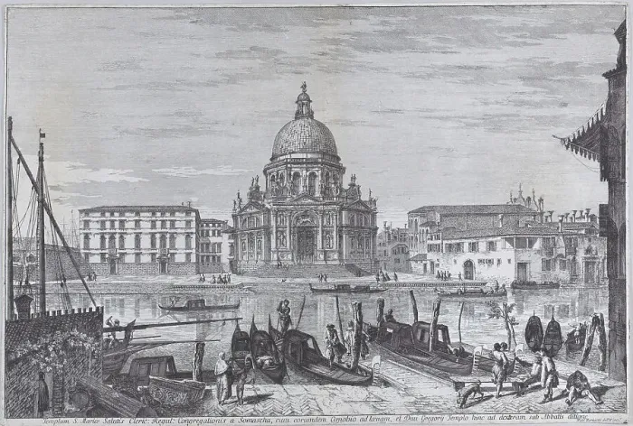 Framed Print : The church of Santa Maria della Salute seen across the water with gondolas in the foregrou... 1741. Creator: Michele Marieschi Framed Print : The church of Santa Maria della Salute seen across the water with gondolas in the foregrou... 1741. Creator: Michele Marieschi