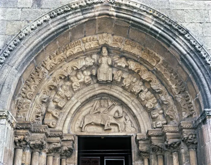 Framed Print : Church of Santiago, detail of the front door with sculpture of Santiago on horseback Framed Print : Church of Santiago, detail of the front door with sculpture of Santiago on horseback
