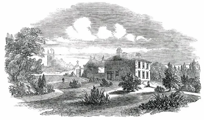 Framed Print : Church, Schools, and Vicarage of St. Just, Penwith, 1850. Creator: Unknown Framed Print : Church, Schools, and Vicarage of St. Just, Penwith, 1850. Creator: Unknown
