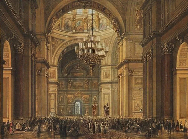 Church service in the Saint Isaacs Cathedral in Saint Petersburg, 1850s. Artist: Bachelier, Charles-Claude (First half of 19th cen. )