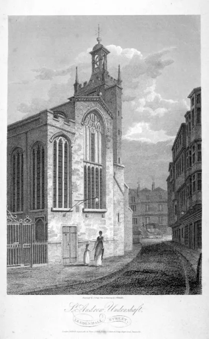 Framed Print : Church of St Andrew Undershaft, Leadenhall Street, London, 1804. Artist: John Greig Framed Print : Church of St Andrew Undershaft, Leadenhall Street, London, 1804. Artist: John Greig