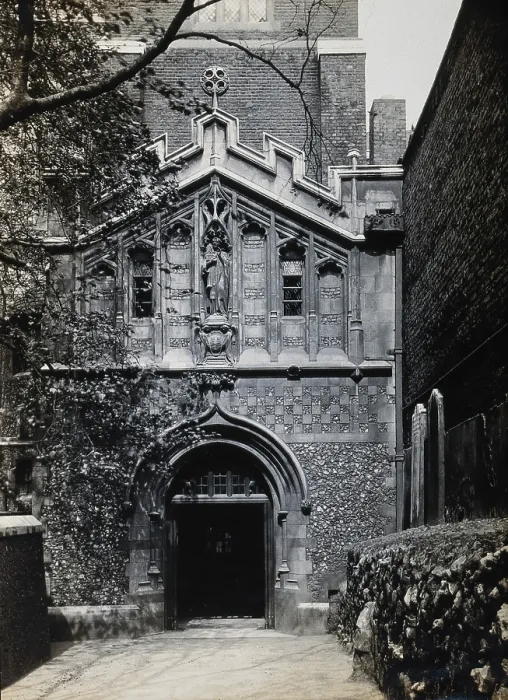 Framed Print : The church of St Bartholomew the Great; exterior view showing the entrance through the west porch. Creator: Rev CF Fison Framed Print : The church of St Bartholomew the Great; exterior view showing the entrance through the west porch. Creator: Rev CF Fison
