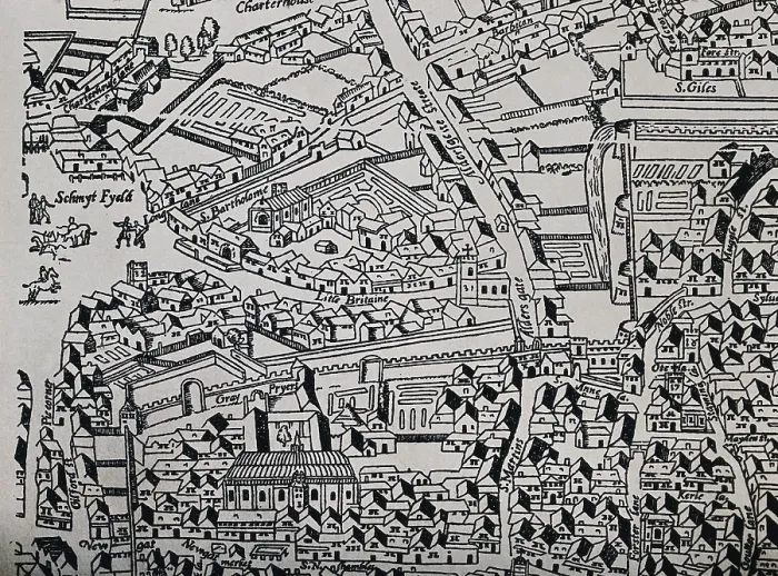 Framed Print : The Church of St Bartholomew the Great; a map of the church and surrounding area, c1543. Creator: WF Taylor
