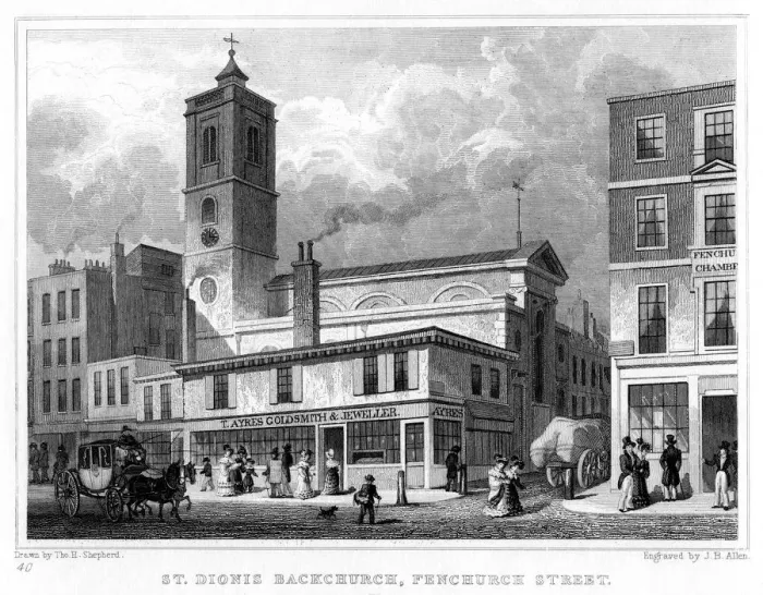 Framed Print : Church of St Dionis Backchurch, Fenchurch Street, City of London, 19th century. Artist: JB Allen Framed Print : Church of St Dionis Backchurch, Fenchurch Street, City of London, 19th century. Artist: JB Allen