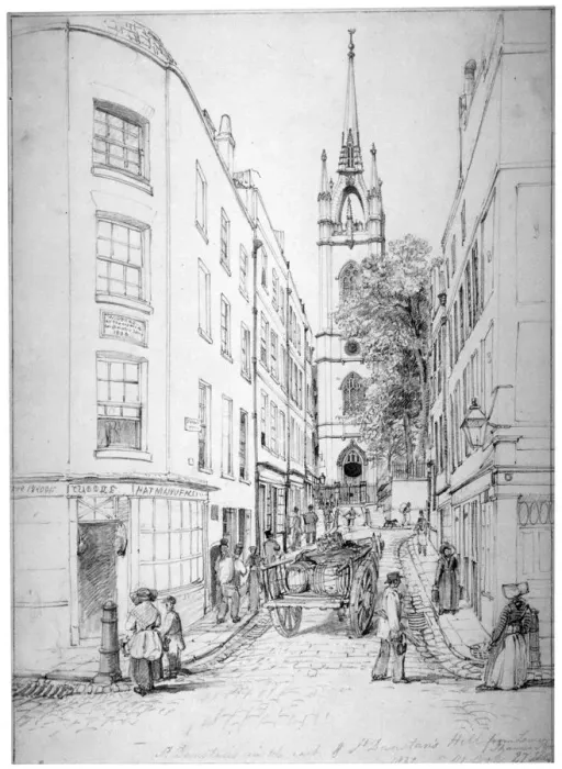 Framed Print : Church of St Dunstan in the East and St Dunstans Hill from Lower Thames Street, London, 1827 Framed Print : Church of St Dunstan in the East and St Dunstans Hill from Lower Thames Street, London, 1827