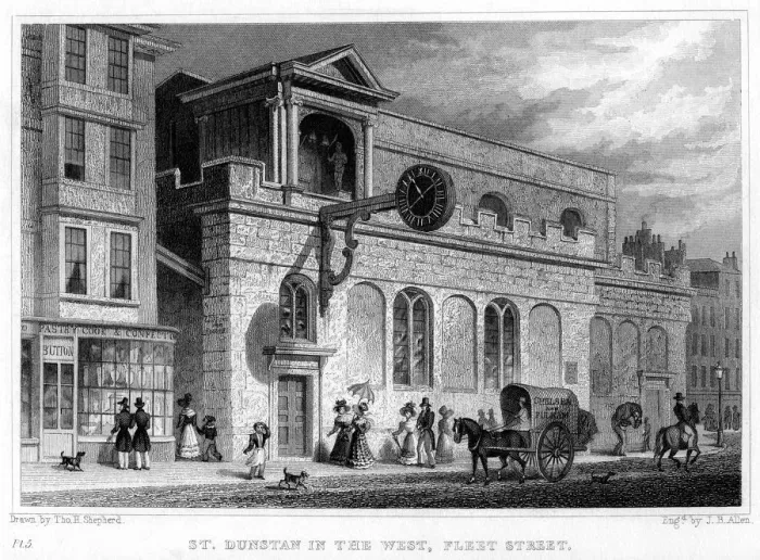 Framed Print : Church of St Dunstan in the West, Fleet Street, City of London, 1816. Artist: JB Allen Framed Print : Church of St Dunstan in the West, Fleet Street, City of London, 1816. Artist: JB Allen