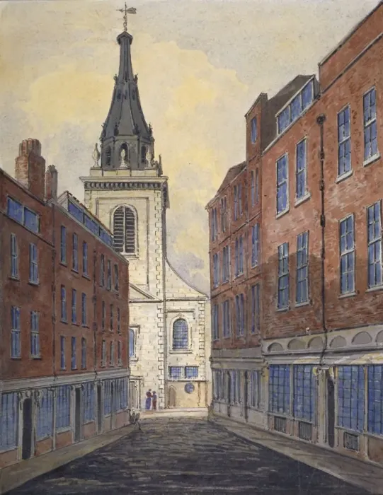 Framed Print : Church of St Edmund the King viewed from Clements Lane, City of London, 1820. Artist Framed Print : Church of St Edmund the King viewed from Clements Lane, City of London, 1820. Artist