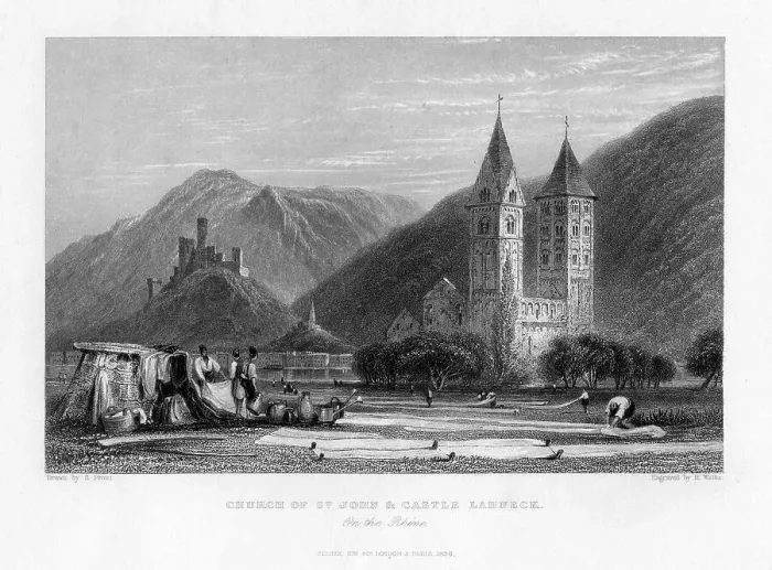 Framed Print : Church of St John and Castle Lahneck on the Rhine, 1838. Artist: R Wallis Framed Print : Church of St John and Castle Lahneck on the Rhine, 1838. Artist: R Wallis