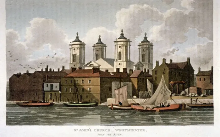 Framed Print : Church of St John the Evangelist from the River Thames, Westminster, London, 1815 Framed Print : Church of St John the Evangelist from the River Thames, Westminster, London, 1815