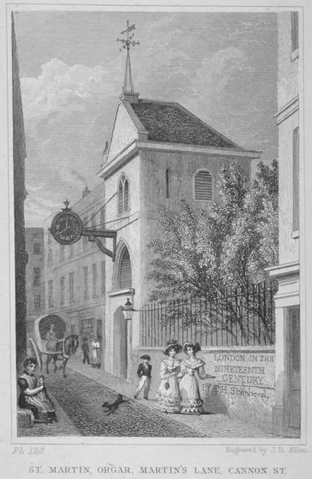 Framed Print : Church of St Martin Orgar, Martin Lane, City of London, 1831. Artist: James B Allen Framed Print : Church of St Martin Orgar, Martin Lane, City of London, 1831. Artist: James B Allen