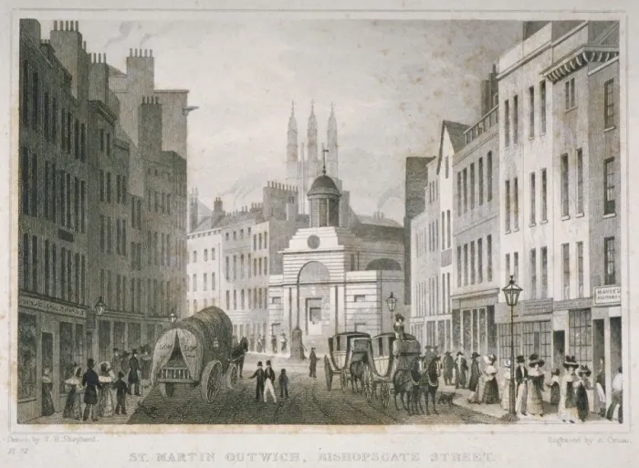 Framed Print : Church of St Martin Outwich, viewed from Bishopsgate, City of London, 1830. Artist Framed Print : Church of St Martin Outwich, viewed from Bishopsgate, City of London, 1830. Artist