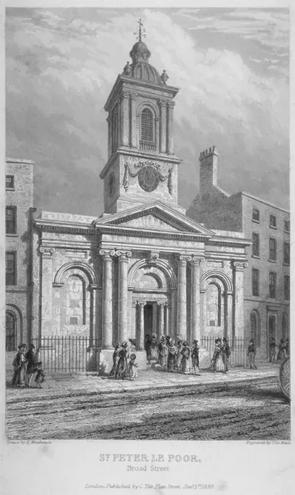 Framed Print : Church of St Peter-le-Poer with the congregation entering, City of London, 1839. Artist Framed Print : Church of St Peter-le-Poer with the congregation entering, City of London, 1839. Artist