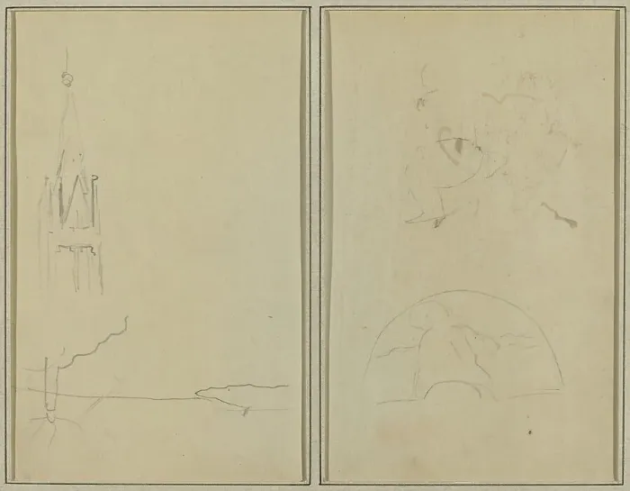 Framed Print : Church Tower; A Sketch of a Fan [recto], 1884-1888. Creator: Paul Gauguin