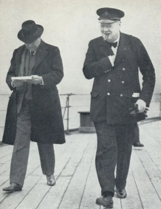 Framed Print : Churchill, jubilant, aboard H. M. S. Prince of Wales with Lord Beaverbrook, about to say farewell t Framed Print : Churchill, jubilant, aboard H. M. S. Prince of Wales with Lord Beaverbrook, about to say farewell t